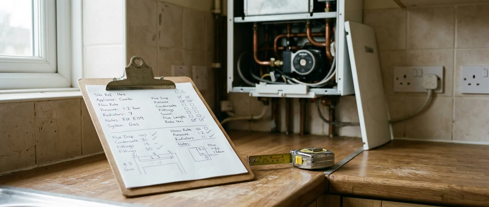 A survey sheet and tape measure on an open combi boiler in a British utility room, flue route visible above