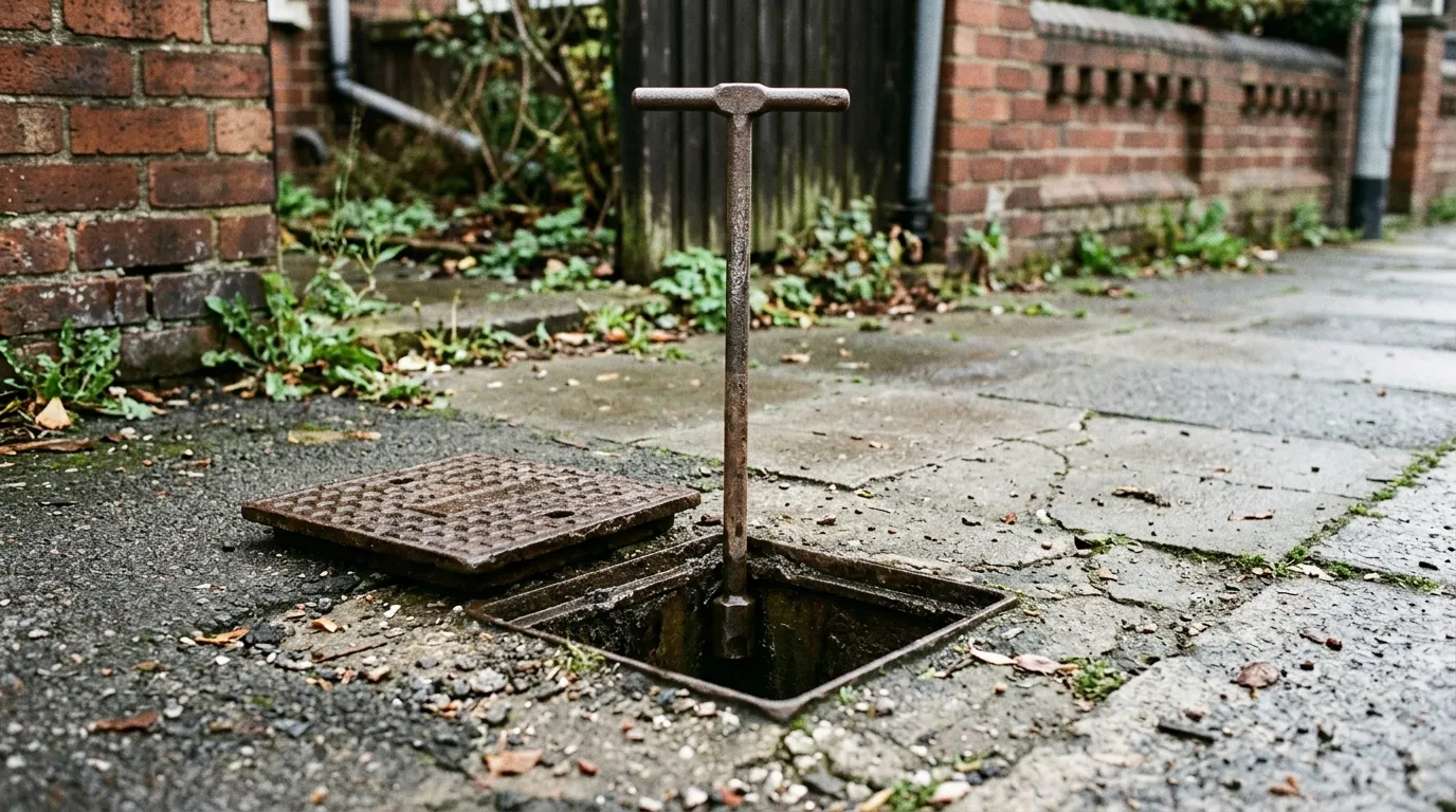A pavement boundary stop tap with the lid lifted and a long key in the shaft