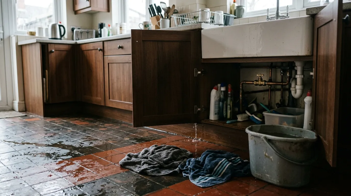 Water across a kitchen floor with towels and a bucket down and the stopcock cupboard open