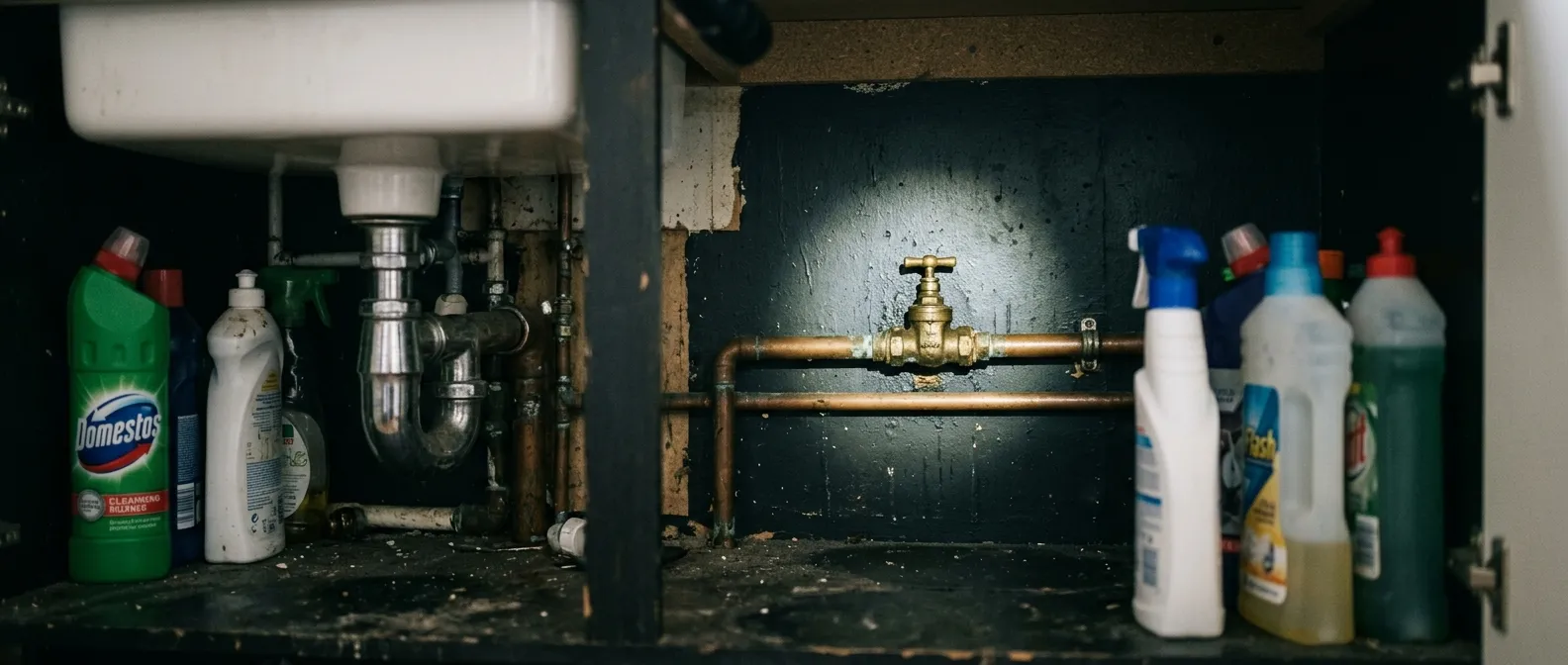 A brass stopcock at the back of the cupboard under a British kitchen sink