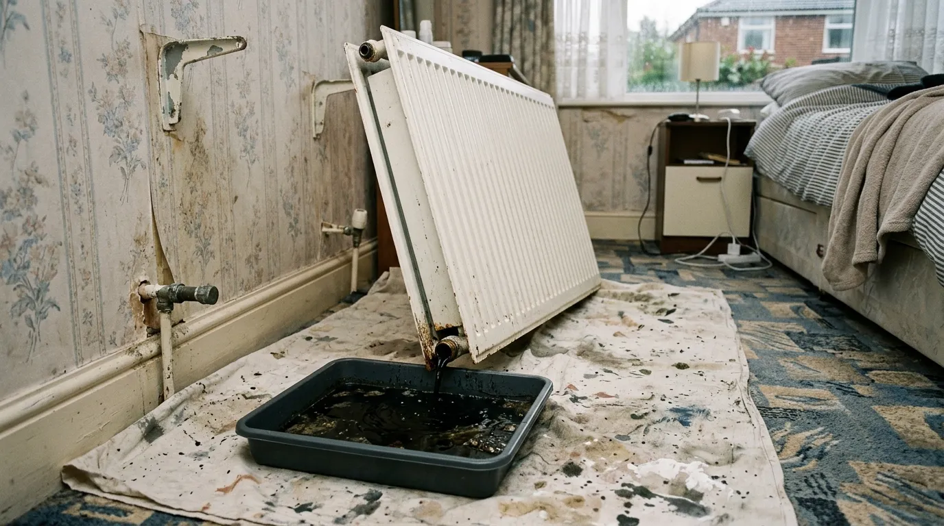 A radiator lifted off the wall onto a dust sheet with black sludged water running from it