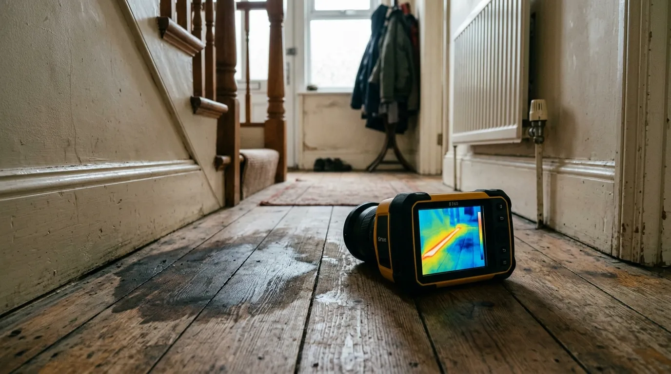 A thermal imaging camera showing a warm trace under a hallway floor beside a damp patch