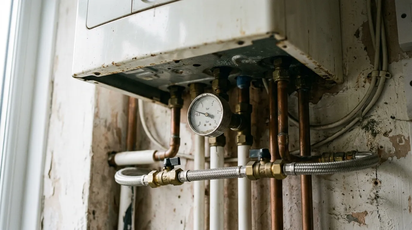 A boiler pressure gauge reading below one bar with the filling loop beneath it