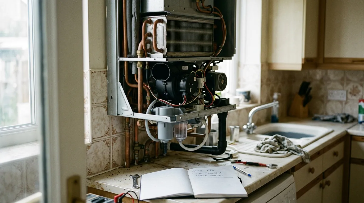 Inside a combi boiler with the case off, heat exchanger and fan visible, a noted fault code below