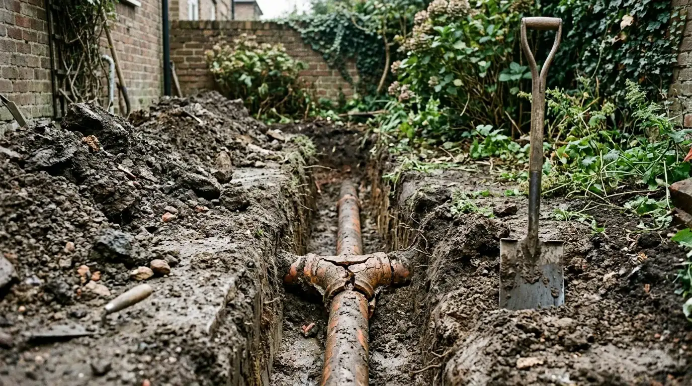 An excavated clay drain in a garden trench with a cracked joint visible