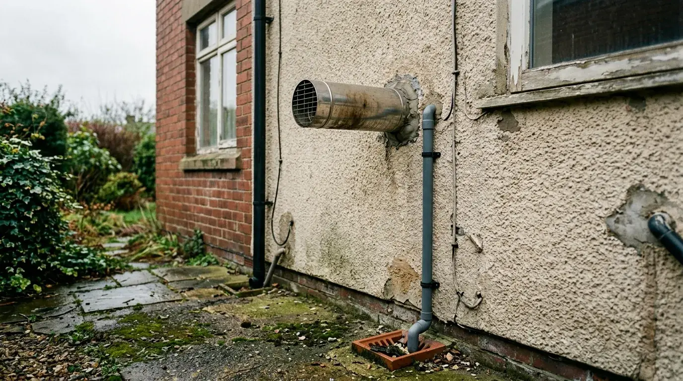 A boiler flue terminal and condensate pipe on the outside wall of a British house