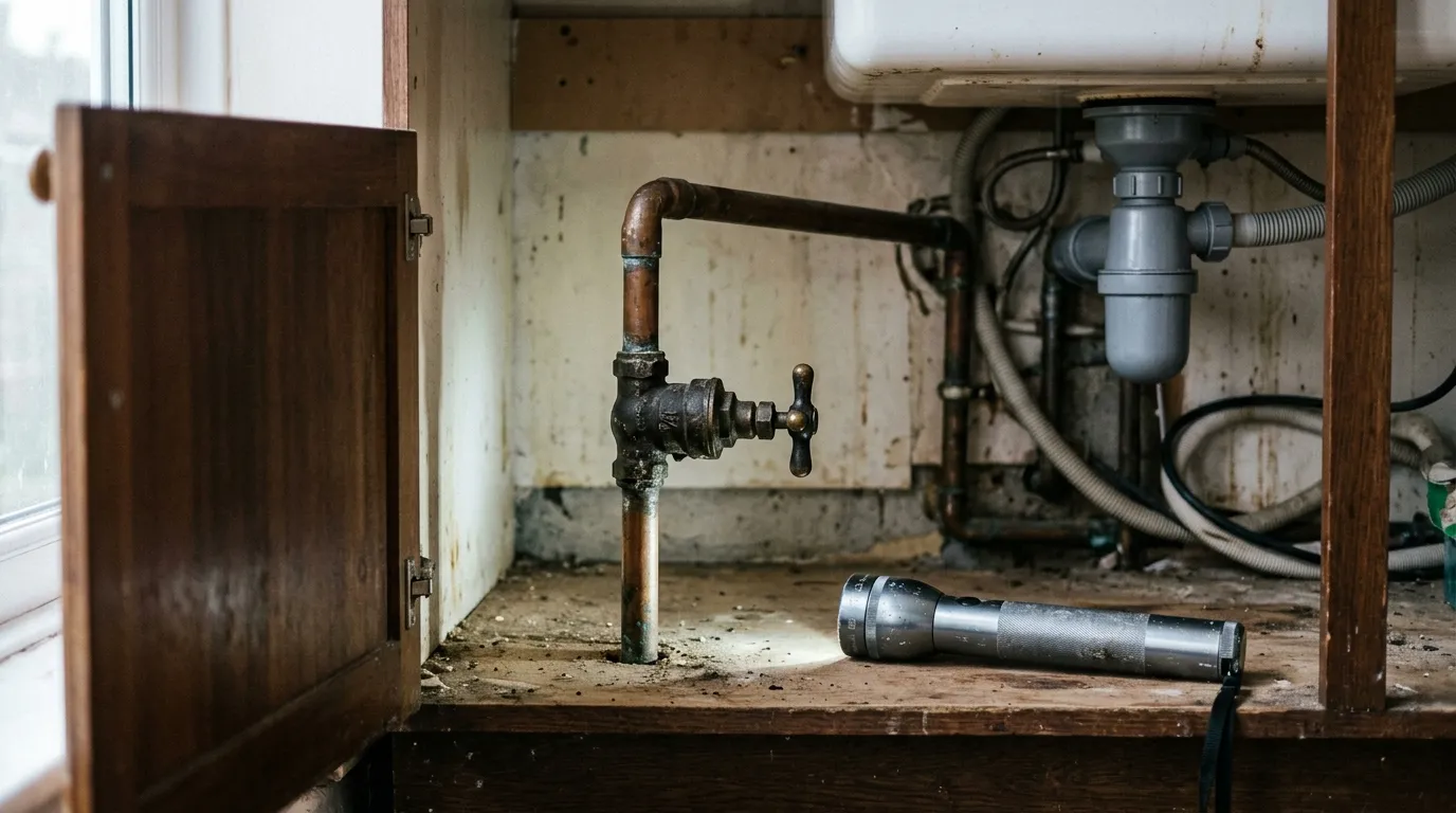An internal brass stopcock turned off in the cleared cupboard under a kitchen sink