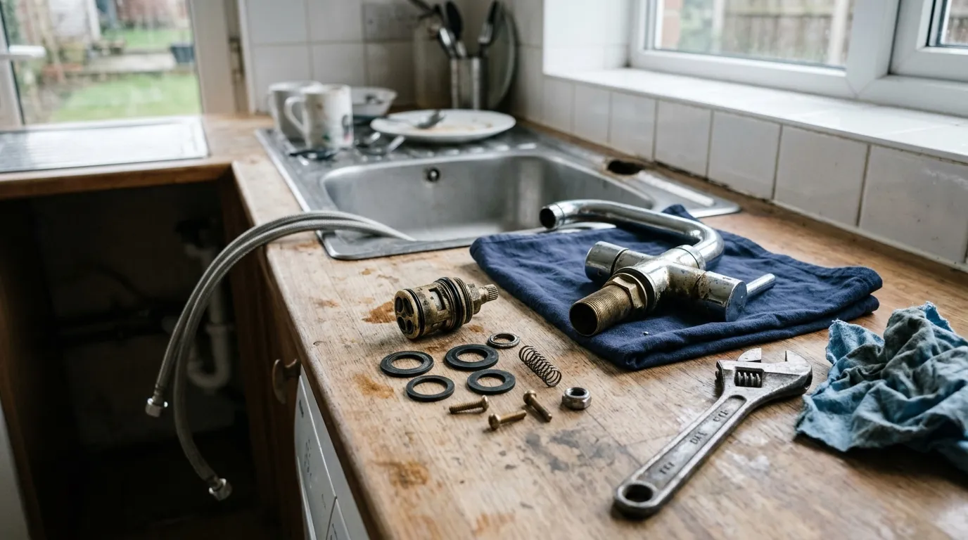 A kitchen mixer tap dismantled on a worktop with its ceramic cartridge laid out beside it